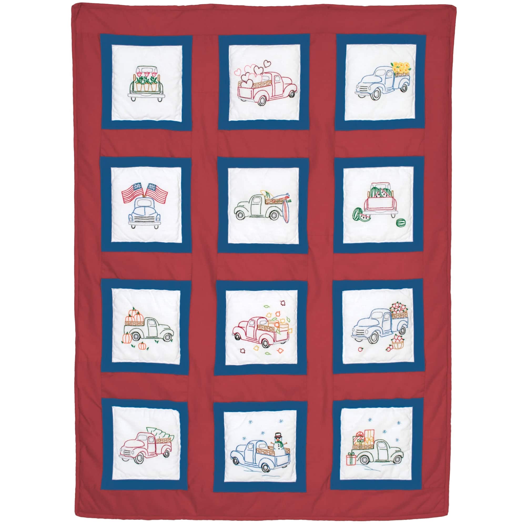 Jack Dempsey Trucks for all Seasons Themed Stamped White Quilt Blocks